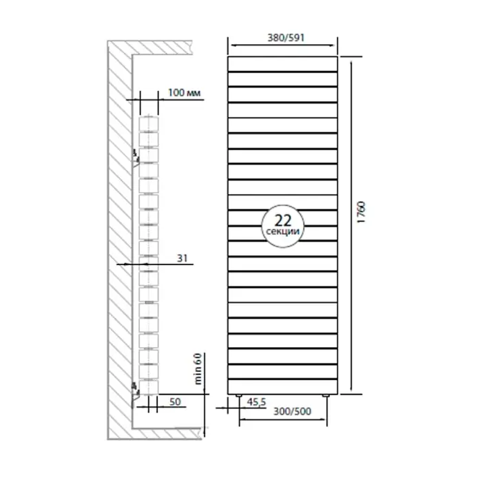 Радиатор биметаллический ROYAL THERMO PianoForte TOWER 100500 Noir Sable,22 секции, ШТ 1
